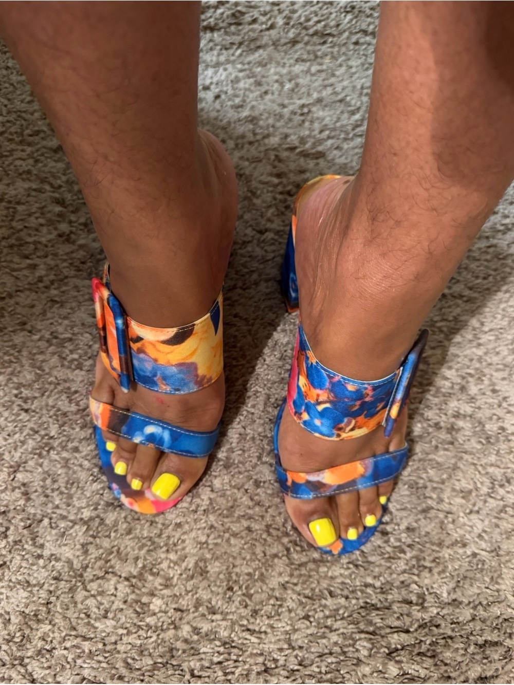 Blue Floral Strappy Women’s Sandals with Bold Orange Accents